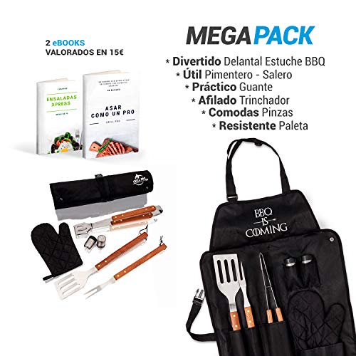 Pack de Utensilios para Barbacoa Mango Madera- Original Delantal para Regalo Hombre BBQ is Coming - Completo Estuche Portatil para Camping ideal para Kit de Cocina - 2 eBooks Incluidos