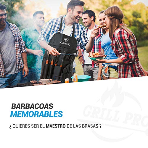 Pack de Utensilios para Barbacoa Mango Madera- Original Delantal para Regalo Hombre BBQ is Coming - Completo Estuche Portatil para Camping ideal para Kit de Cocina - 2 eBooks Incluidos