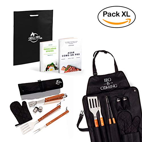 Pack de Utensilios para Barbacoa Mango Madera- Original Delantal para Regalo Hombre BBQ is Coming - Completo Estuche Portatil para Camping ideal para Kit de Cocina - 2 eBooks Incluidos