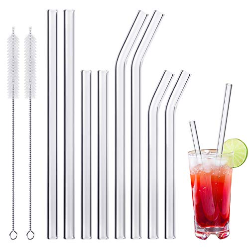 Pajitas de Cristal pajitas reutilizables biodegradable reusable glass straws Para Fiesta Cumpleaños Boda Festival, Set De 8 Con 2 Cepillos De Limpieza(4 largas y 4 cortas)