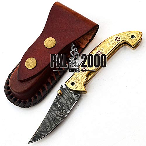 PAL 2000 Cuchillo Plegable, Navaja de Bolsillo, Cuchillo Hecho a Mano Personalizado, Cuchillo de Acero de Hoja de Damasco, con Funda de Cuero, Cuchillo Hecho a Mano, Cuchillo Forjado a Mano 9595