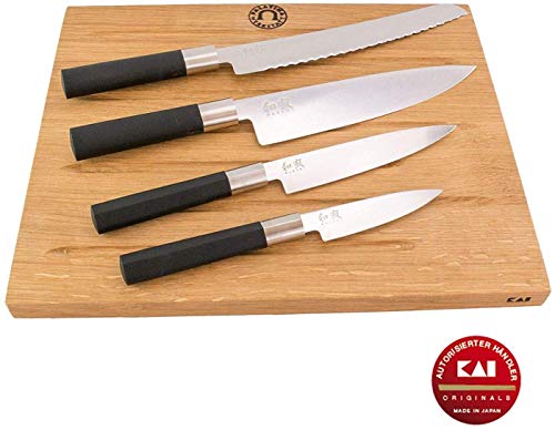 Palatina Werkstatt Set de Regalo Cuchillo 67 EB-W18, 4 extraafilada Multiusos Cuchillo/Cuchillo de Cocina +KAI Tabla de Cortar Madera, 40 x 30 cm