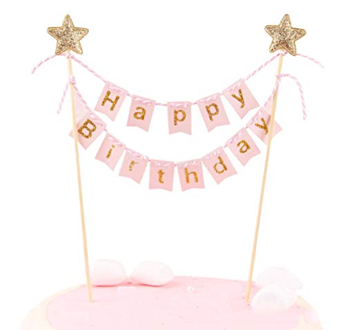 Pancarta decorativa para tarta de cumpleaños, hecha a mano con bandera de color marfil y postes de madera, perfecta para tartas, pasteles de donut, cupcakes y mucho más. rosa