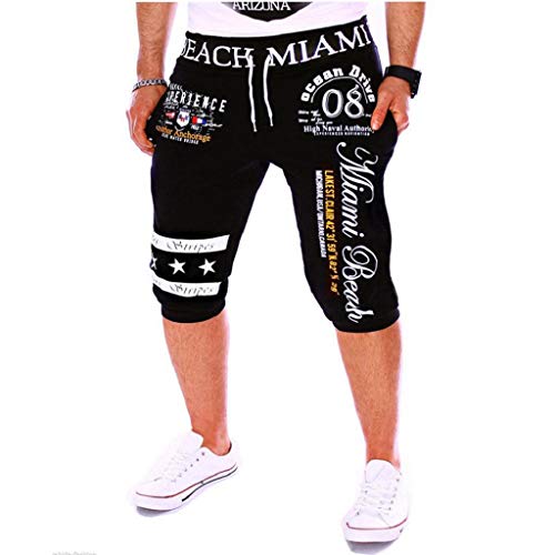 Pantalones Cortos Hombre Verano 2019 Nuevo SHOBDW Casual Impresión de Letras Pantalones Hombre Chandal Cordón Elástico Pantalones Cortos Hombre Deporte con Bolsillos Tallas Grandes(Negro,M)