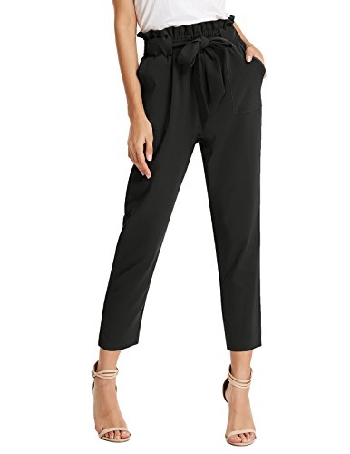 Pantalones de Mujer con Cinturón Elástico Decorado con Un Lazo para Primavera Verano Negro M Claf1011-1