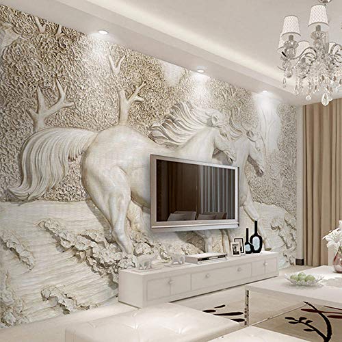 Papel pintado mural personalizado 3D estéreo relieve caballo blanco foto murales de pared sala de estar clásica TV telón de fondo decoración del hogar pinturas de pared-300x210cm