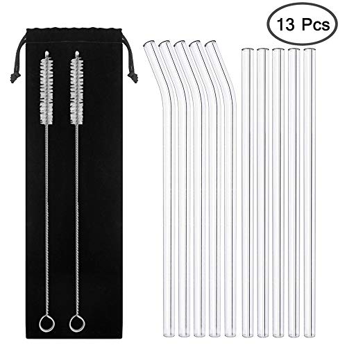 Paquete de 10 vidrio reutilizable pajas de beber, YuCool Extra claro 10" L x 10 mm tamaño batido pajas con 2 limpieza cepillo Ideal para cóctel, batido, batido etc.-5 derecho, 5 doblado