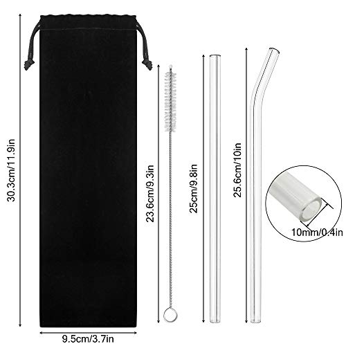 Paquete de 10 vidrio reutilizable pajas de beber, YuCool Extra claro 10" L x 10 mm tamaño batido pajas con 2 limpieza cepillo Ideal para cóctel, batido, batido etc.-5 derecho, 5 doblado