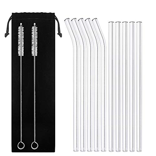 Paquete de 10 vidrio reutilizable pajas de beber, YuCool Extra claro 10" L x 10 mm tamaño batido pajas con 2 limpieza cepillo Ideal para cóctel, batido, batido etc.-5 derecho, 5 doblado