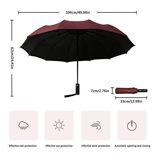 Paraguas a Prueba de Viento Paraguas de Negocios Paraguas automático Plegable Reforzado Paraguas Resistente a la Intemperie Mujeres Mujeres Paraguas de Viaje Ligero Hombres (Vino Tinto)