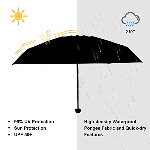 Paraguas Plegable Compacto para Viajes Lluvia y Sol, Mini Paraguas Portátil Ligero a Prueba de Viento Resistente al Agua con Estuche, 99% de Protección UV con Revestimiento Anti-UV de Color, UPF50+