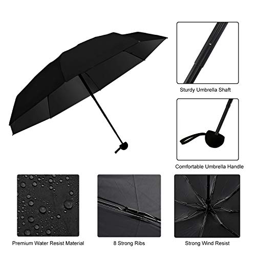 Paraguas Plegable Compacto para Viajes Lluvia y Sol, Mini Paraguas Portátil Ligero a Prueba de Viento Resistente al Agua con Estuche, 99% de Protección UV con Revestimiento Anti-UV de Color, UPF50+