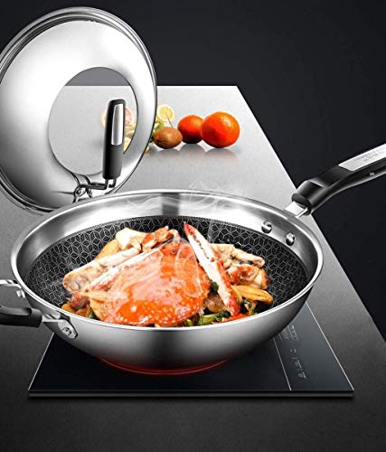 Parrilla teppanyaki, Wok de acero inoxidable, Acero compuesto de 7 capas integrado con tapa, Cocina de inducción de gas natural Universal 32cm Wok, 32cm