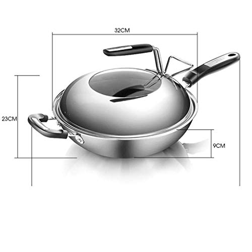 Parrilla teppanyaki, Wok de acero inoxidable, Acero compuesto de 7 capas integrado con tapa, Cocina de inducción de gas natural Universal 32cm Wok, 32cm