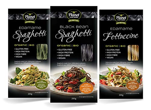 Pasta Orgánica Planet Plant-Based a Base De Plantas Con Proteínas, Pack de 3 (3 x 200g), Spaghetti Edamame, Spaghetti Frijoles Negros, Fettuccine Edamame. Fideos 100% de Soja. Gluten-Free. Vegano.