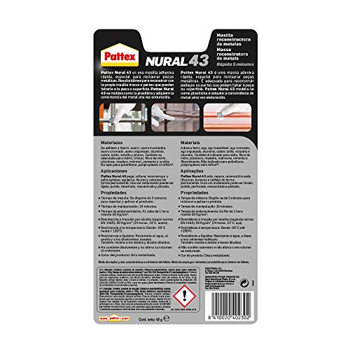 Pattex Nural 43 Masilla reconstructora de metales, masilla adhesiva para restaurar piezas metálicas, masilla gris para grietas, agujeros, fisuras y uniones, 1 x 48 g