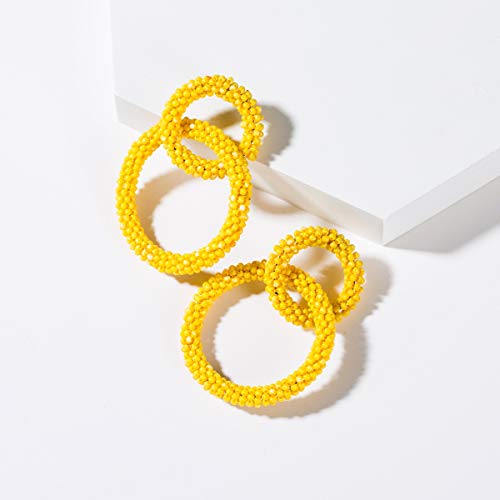 Pendientes de las mujeres de doble capa tamaño círculo tipo de cadena de cuentas de arroz pendientes banquete boda T Taiwan regalo de vacaciones de moda simple bohemio oreja joyería (Color : Yellow)