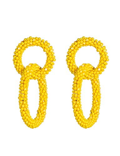 Pendientes de las mujeres de doble capa tamaño círculo tipo de cadena de cuentas de arroz pendientes banquete boda T Taiwan regalo de vacaciones de moda simple bohemio oreja joyería (Color : Yellow)