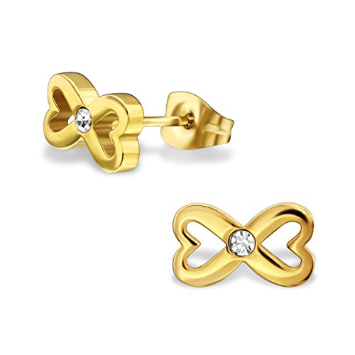 Pendientes en acero quirúrgico 316L – dorado – infinito y corazón – cristal transparente