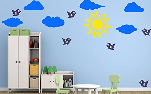 Pequeñas aves Sol Nubes Pegatinas de colores Desmontable Pegatinas de pared Calcomanía Decoración para el hogar para niños