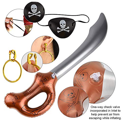 PERFETSELL Juego de 12 Accesorios para Disfraz de Pirata Sabres de Pirate Inflable Juguete 57 cm Parche de Ojo de Pirata Pendientes Pirata Artículos para Fiesta Cumpleaños Infantil Carnaval Regalo