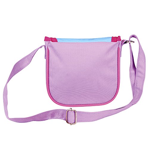 PERLETTI - Bolso Bandolera Niña Estampado Doctora Juguetes Lanita Felpita - Practica Bolsa Cruzada Messenger de Viaje y Escuela - Bolso de Hombro con Cierre Frontal de Color Azul y Morado - 16x16x4 cm