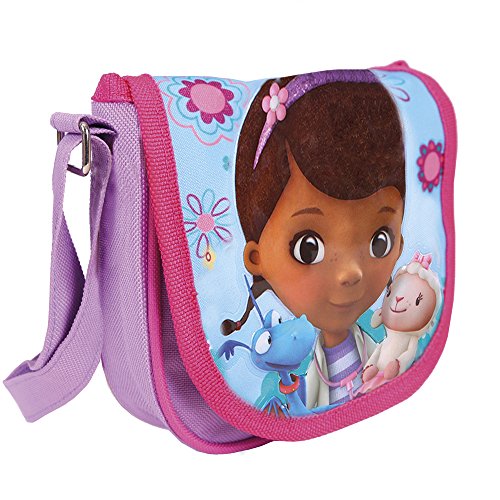 PERLETTI - Bolso Bandolera Niña Estampado Doctora Juguetes Lanita Felpita - Practica Bolsa Cruzada Messenger de Viaje y Escuela - Bolso de Hombro con Cierre Frontal de Color Azul y Morado - 16x16x4 cm