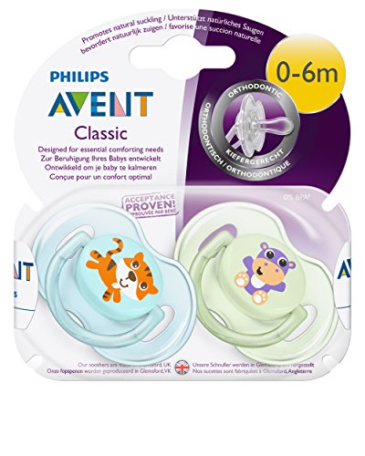 Philips Avent SCF169/25 - Set de 2 chupetes Gama Safari, de 0 a 6 meses, diseño tigre o hipopótamo, para niño, color Azul y Verde