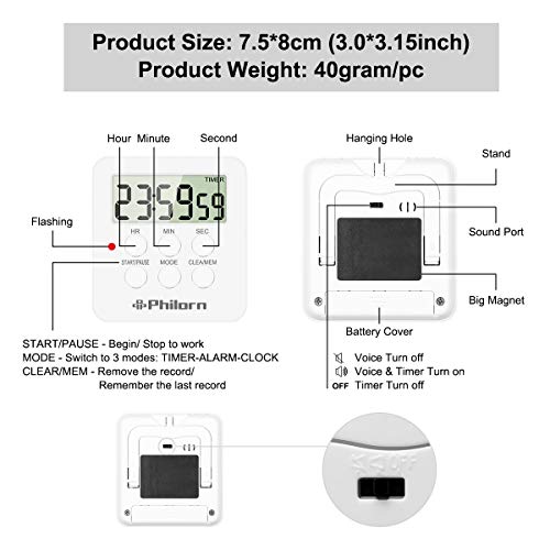 Philorn Temporizador de Cocina [2 Piezas], Digital Temporizador con 24H Conde Arriba y Abajo, Alarma, Reloj, Función de Memoria, Imán Fuerte, Dígitos Grandes - Alarma Sonora, Silencio Silencio 2 Modos