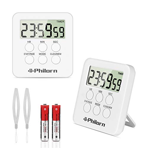 Philorn Temporizador de Cocina [2 Piezas], Digital Temporizador con 24H Conde Arriba y Abajo, Alarma, Reloj, Función de Memoria, Imán Fuerte, Dígitos Grandes - Alarma Sonora, Silencio Silencio 2 Modos