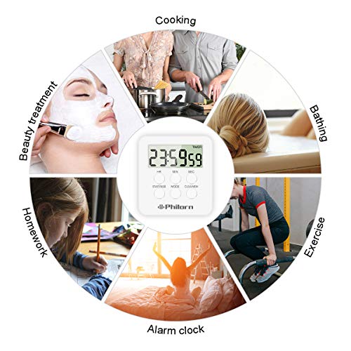 Philorn Temporizador de Cocina [2 Piezas], Digital Temporizador con 24H Conde Arriba y Abajo, Alarma, Reloj, Función de Memoria, Imán Fuerte, Dígitos Grandes - Alarma Sonora, Silencio Silencio 2 Modos