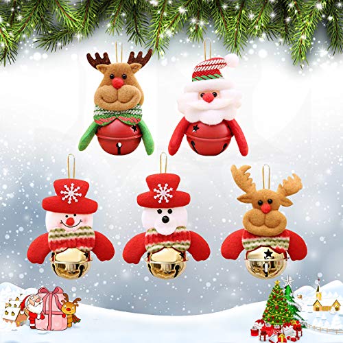 PHOGARY Paquete de 10 Bola de Campana de Navidad, Campanas Colgantes con Cuerda para ÁRbol de Navidad y Puerta, Muñeco de Nieve/PapÁ Noel/Oso/Campanas de Oro de Alces