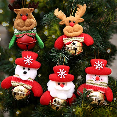 PHOGARY Paquete de 10 Bola de Campana de Navidad, Campanas Colgantes con Cuerda para ÁRbol de Navidad y Puerta, Muñeco de Nieve/PapÁ Noel/Oso/Campanas de Oro de Alces