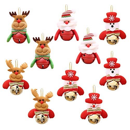 PHOGARY Paquete de 10 Bola de Campana de Navidad, Campanas Colgantes con Cuerda para ÁRbol de Navidad y Puerta, Muñeco de Nieve/PapÁ Noel/Oso/Campanas de Oro de Alces