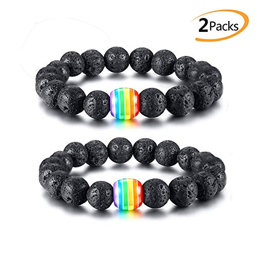 PHOGARY Pulsera de Orgullo Gay Lesbiana LGBT Arco Iris Pulsera (2 Paquetes), Pareja Roca de Lava Pulsera de Cuentas de Piedra de volcán Brazalete de Las Mujeres de los Hombres