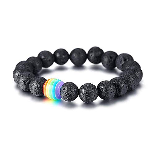 PHOGARY Pulsera de Orgullo Gay Lesbiana LGBT Arco Iris Pulsera (2 Paquetes), Pareja Roca de Lava Pulsera de Cuentas de Piedra de volcán Brazalete de Las Mujeres de los Hombres