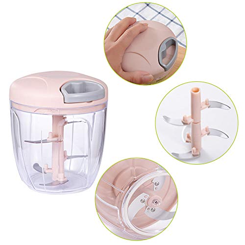 Picadora Manual de Cebolla, Picadora Manual de Alimentos, Picadora Manual Mini, 900 ML Rápido Fácil de Tirar Picadora de Mano con 5 Cuchillas de Acero Inoxidable para Ensalada, Carne, Ajo (Rosa)