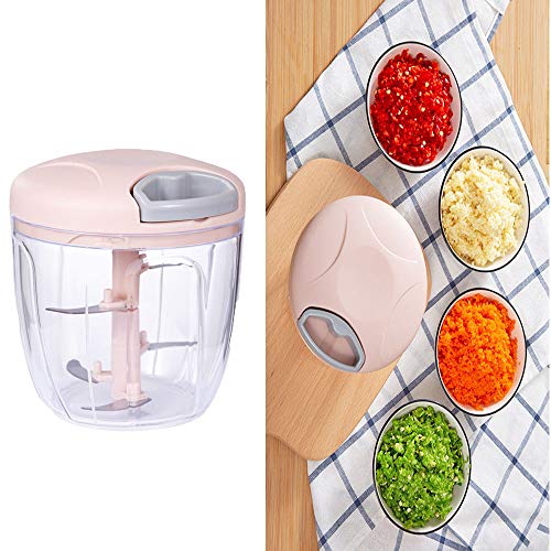 Picadora Manual de Cebolla, Picadora Manual de Alimentos, Picadora Manual Mini, 900 ML Rápido Fácil de Tirar Picadora de Mano con 5 Cuchillas de Acero Inoxidable para Ensalada, Carne, Ajo (Rosa)