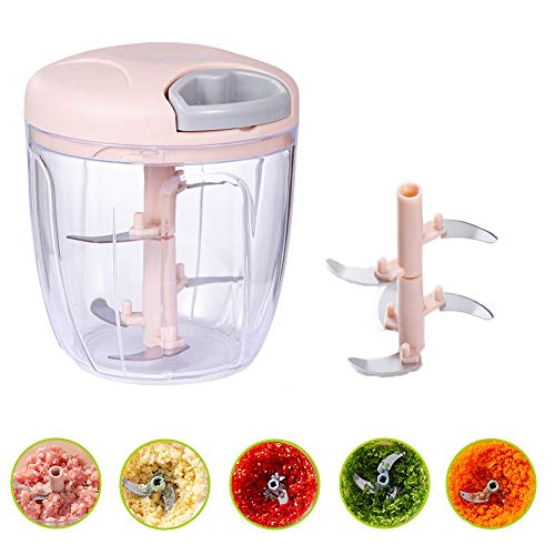 Picadora Manual de Cebolla, Picadora Manual de Alimentos, Picadora Manual Mini, 900 ML Rápido Fácil de Tirar Picadora de Mano con 5 Cuchillas de Acero Inoxidable para Ensalada, Carne, Ajo (Rosa)