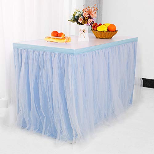 PiccoCasa - Falda de mesa de tul azul para mesas rectangulares de 2,7 m, para fiesta de cumpleaños, boda, decoración de mesa de tarta, falda de mesa de 76,2 x 274,3 cm