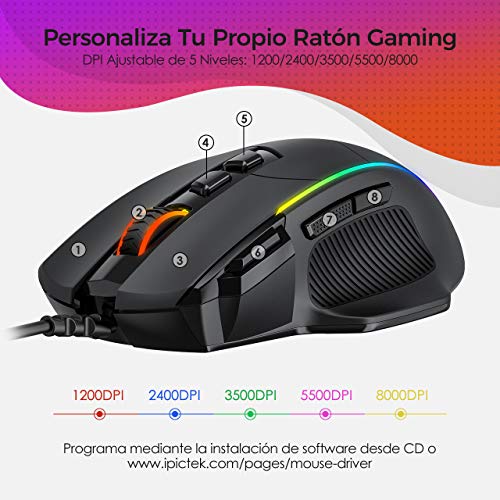 PICTEK Ratón Gaming, Ratón RGB Ergonómico de 8000 DPI (5 Niveles), 8 Botones Programables, 7 Modos de Iluminación RGB Personalizable, Ratones USB para PC, Laptop, MacBook