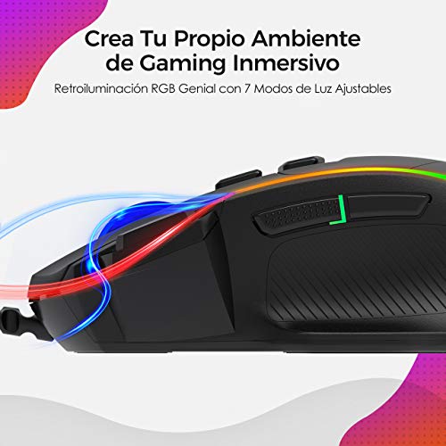 PICTEK Ratón Gaming, Ratón RGB Ergonómico de 8000 DPI (5 Niveles), 8 Botones Programables, 7 Modos de Iluminación RGB Personalizable, Ratones USB para PC, Laptop, MacBook