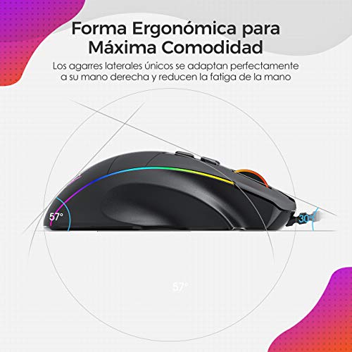 PICTEK Ratón Gaming, Ratón RGB Ergonómico de 8000 DPI (5 Niveles), 8 Botones Programables, 7 Modos de Iluminación RGB Personalizable, Ratones USB para PC, Laptop, MacBook