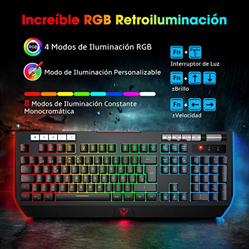 PICTEK Teclado Gaming RGB con Soporte para Teléfono Móvil, Rueda de Volumen, Teclado USB con 21 Botones Multimedia, Ergonómico / Conveniente / Resistente al Agua para MAC / PC - Negro