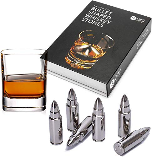 Piedras Whiskey Forma de Bala, Premium Acero Inoxidable, Reutilizables - 6 Whiskey Stones Bullet Cubos de Hielo, Pinzas +Funda de Cuero Elegante - Whiskey Vino Cóctel - Regalo Navidad Accesorio de Bar