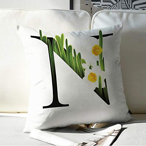 Pillow Case Cojín Cuadrado Print,Letra N, flores de jardín de verano y fuente abstracta Letra N negra con narcisos decorativos,Adecuado para Oficina, Familia, automóvil, cafetería, Tienda, 45x45cm