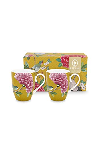 Pip Studio Blushing Birds - Juego de 2 tazas (350 ml), diseño de pájaros, color amarillo