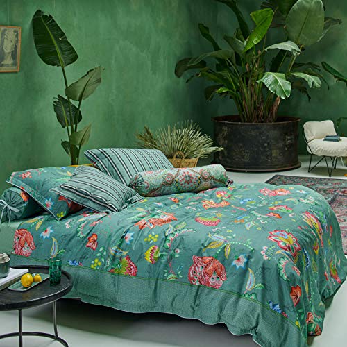 PIP Studio Jambo - Juego de cama, diseño de flores, color verde, 100 % algodón, verde, 1 Bettbezug 155 x 220 cm + 1 Kissenbezug 80 x 80