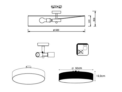 Plafón circular con pantalla de tela en negro Diámetro 50 cm – Níquel mate con E27 LED de atemporal elegante iluminación de techo