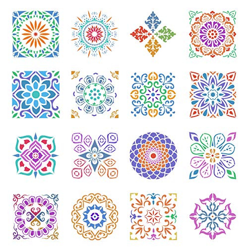 Plantillas de Mandala, ZWOOS 16 Piezas Reutilizable Plantillas de Mandala Pintura Conjunto De Plantillas Decorativa,Plantilla de Pintura para Pintar Scrapbook Arte De Pared (Blanco15x15cm)